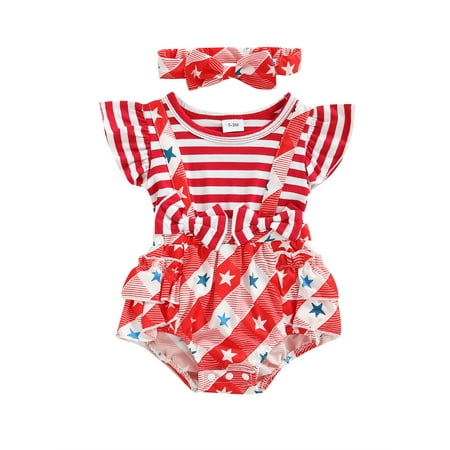 

FOCUSNORM Independence Day Baby Girls Romper Clothes 2pcs Striped Star Patchwork Fly Sleeve Bowknot Jumpsuit