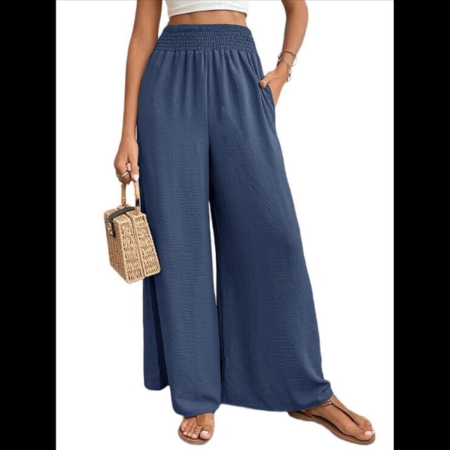Pantalones Palazzo de para Mujer, de Pierna , Estilo Bohemio, de Cintura Alta, Informales, para Estar en Casa, para Vacaciones en la Playa. Azul Neblina M