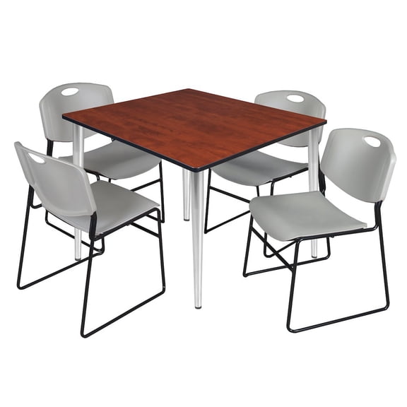 48" Square Breakroom Table- Cherry Top- Chrome Base & 4 Zeng Stack Chairs- Grey