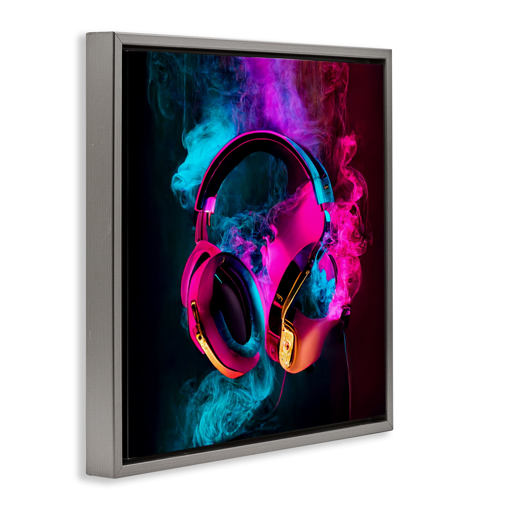 Power Play Pink & Blue Headphones Gray Framed Floater Canvas Wall Art, design by Sasha