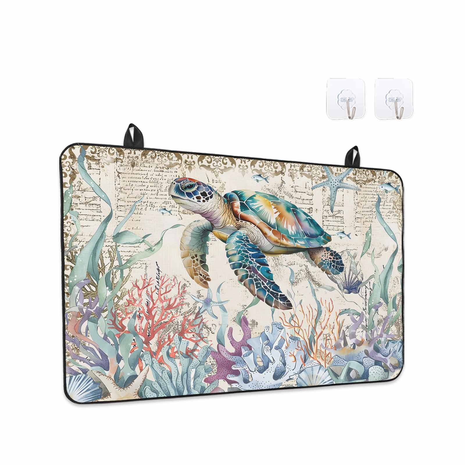 Blue Sea Turtle Coastal Stove Top Cover for Electric Stove, Heat-proof & Non Slip Glass Top Stove Cover Protector, Vintage Summer Beach Coral Ocean Kitchen Flat Cooktop Rubber Mat 24x21 Inches