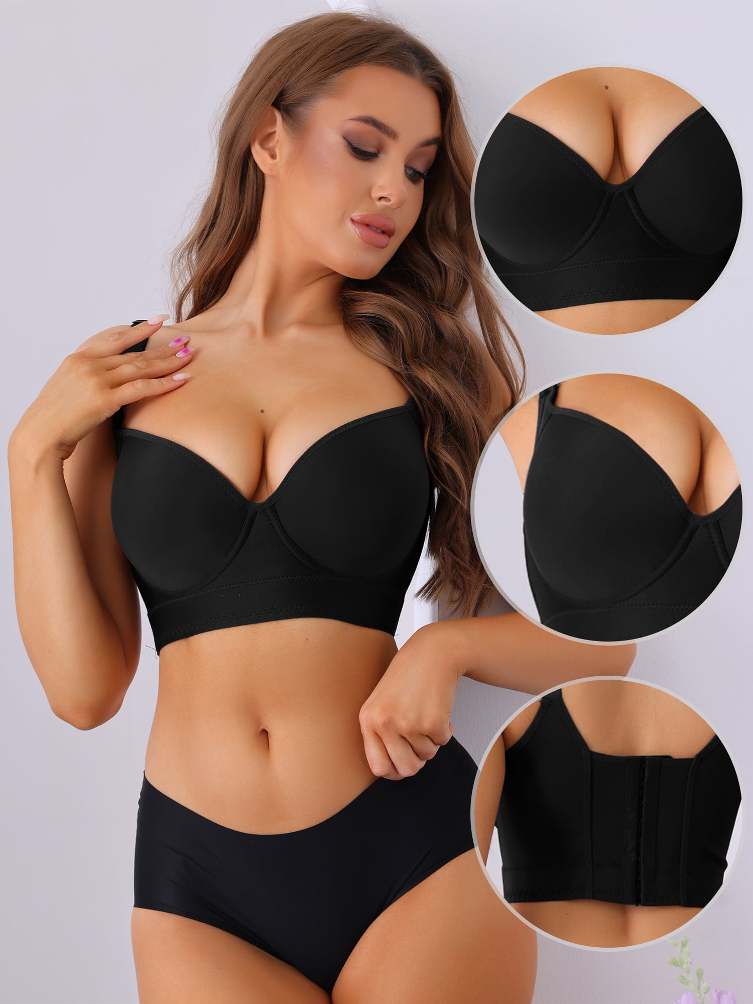 DARING DIVA Women's V-Neck Underwire Bra Push-Up Plus Size Underwear Black 36 B