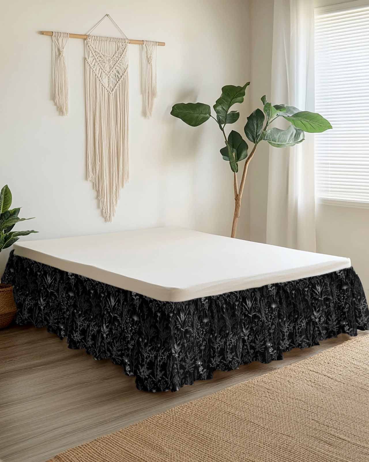 Black Spring Floral Wrap Around Bed Skirts for California King Bed 18" Drop,Bed Skirt with Adjustable Elastic Belt Dust Ruffle Bed Valance for Bedroom Vintage Botanical Watercolor Bed Frame Cover