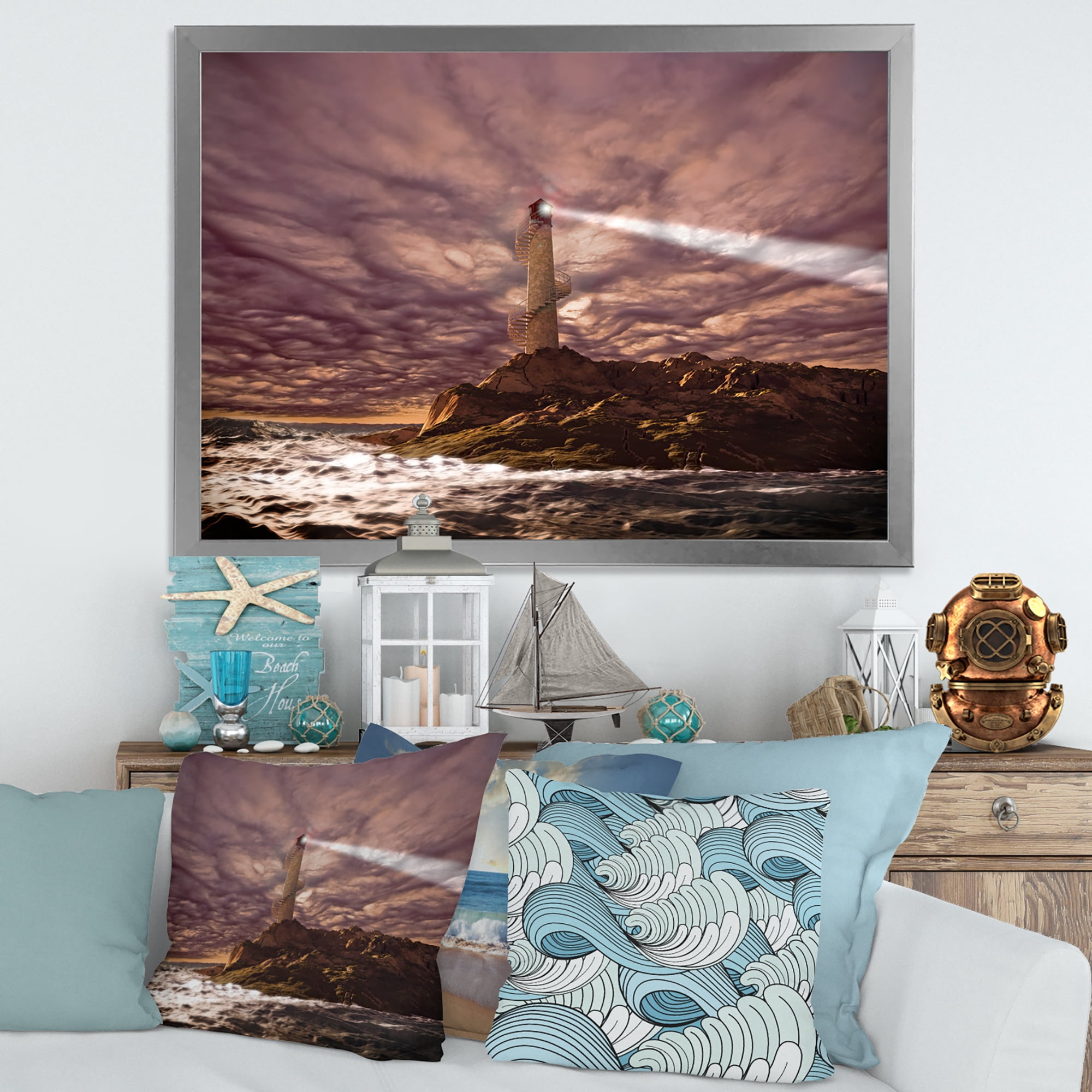 Lighthouse Shining Light During Stormy Clouds Night I 40 in x 30 in Framed Photography Canvas Art Print, by Designart