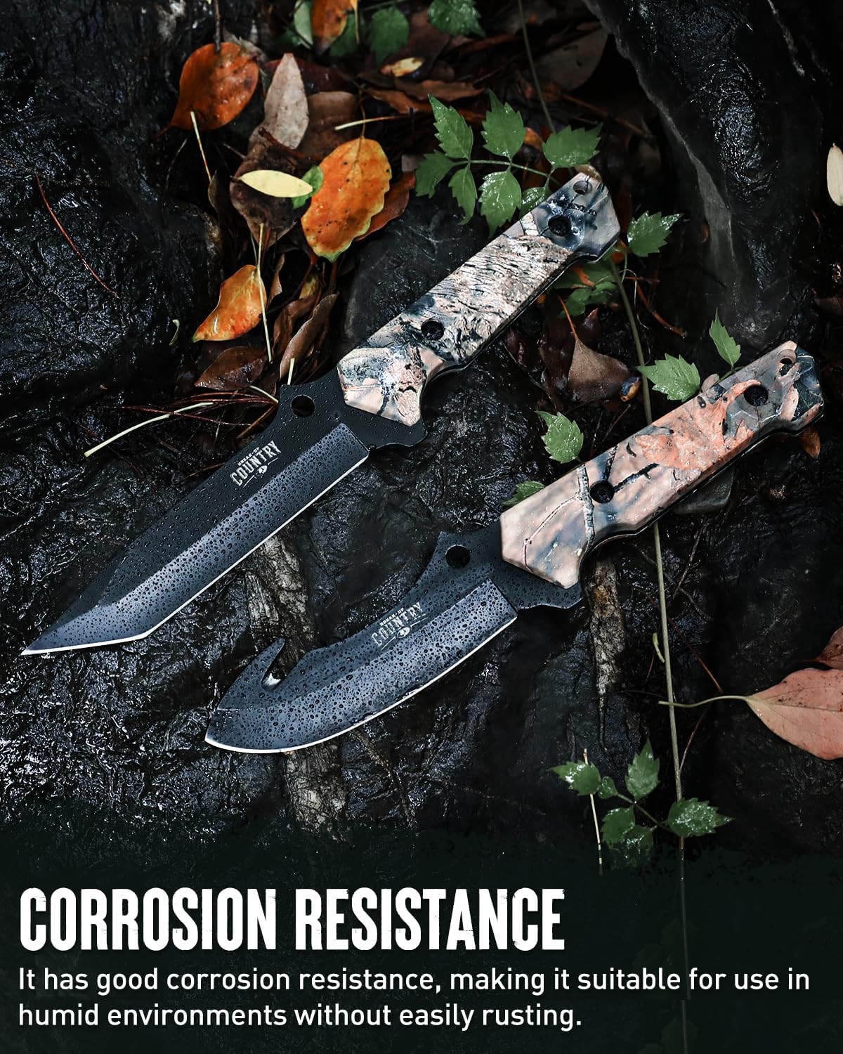 Fixed Blade Hunting Knife Set - 2 Piece, Full Tang Handle Straight Edge and Gut Hook Blades Game Processing Knife, Sheath Included - Yellow Camo