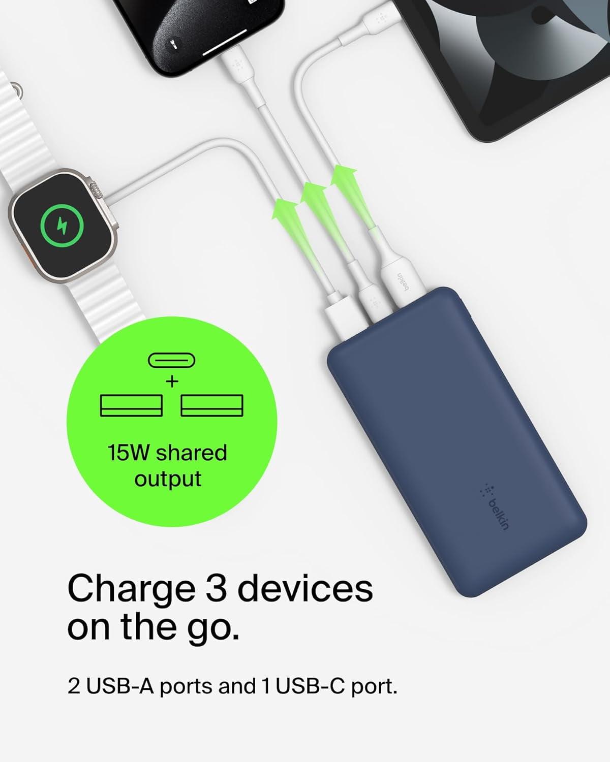 Belkin Portable Charger, USB-C Power Bank 10k w/ 1 USB-C Port and 2 USB-A Ports with USB-A to USB-C Cable for iPhone 16, 16 Plus, 16 Pro, 16 Pro Max, Samsung Galaxy S24, & More - Blue