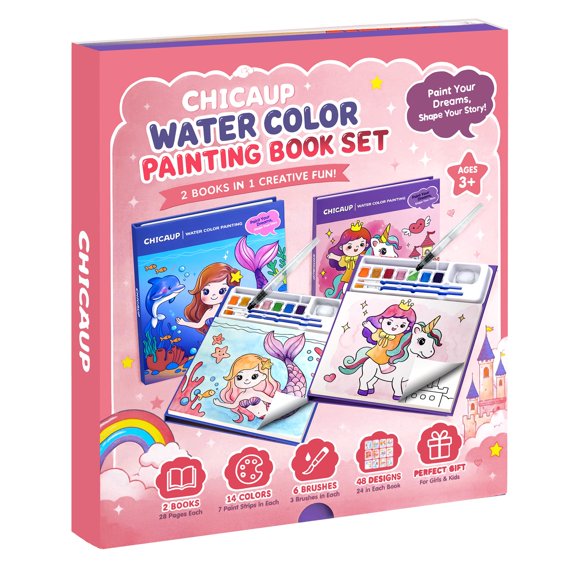 CHICAUP Paint with Water Books for Kids, Unicorn and Mermaid Watercolor Activity Set, 2 Pack, 56 Pages, Mess Free Painting Kit for Girls Ages 3-8