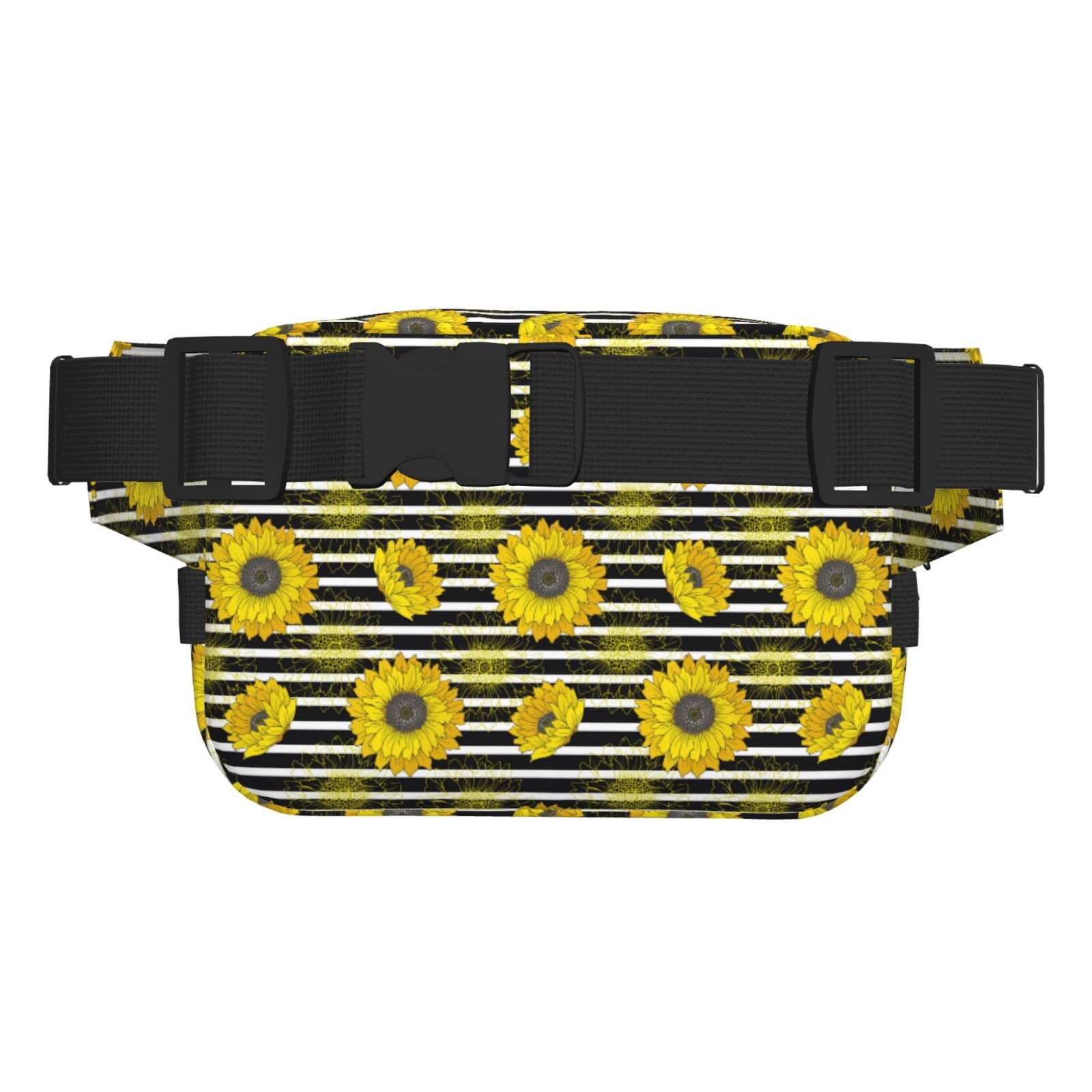 Picia Sunflowers On Black And White Stripes Print Square Double-Layer Waist Bag Mini Adjustable Waist Belt Bag Exercise Running Travel Hiking