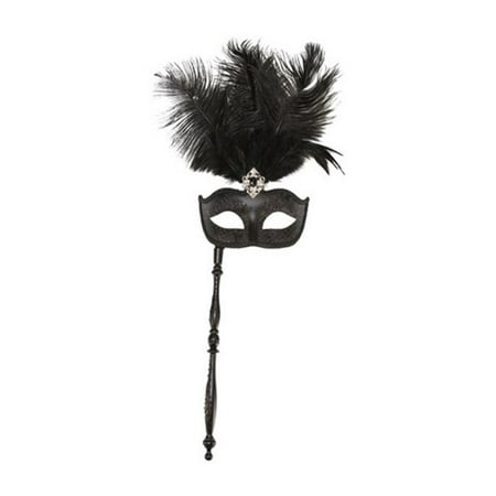 Kayso FSM004BK Black Hand-Held Carnival Style Plastic Masquerade Mask with Feathers