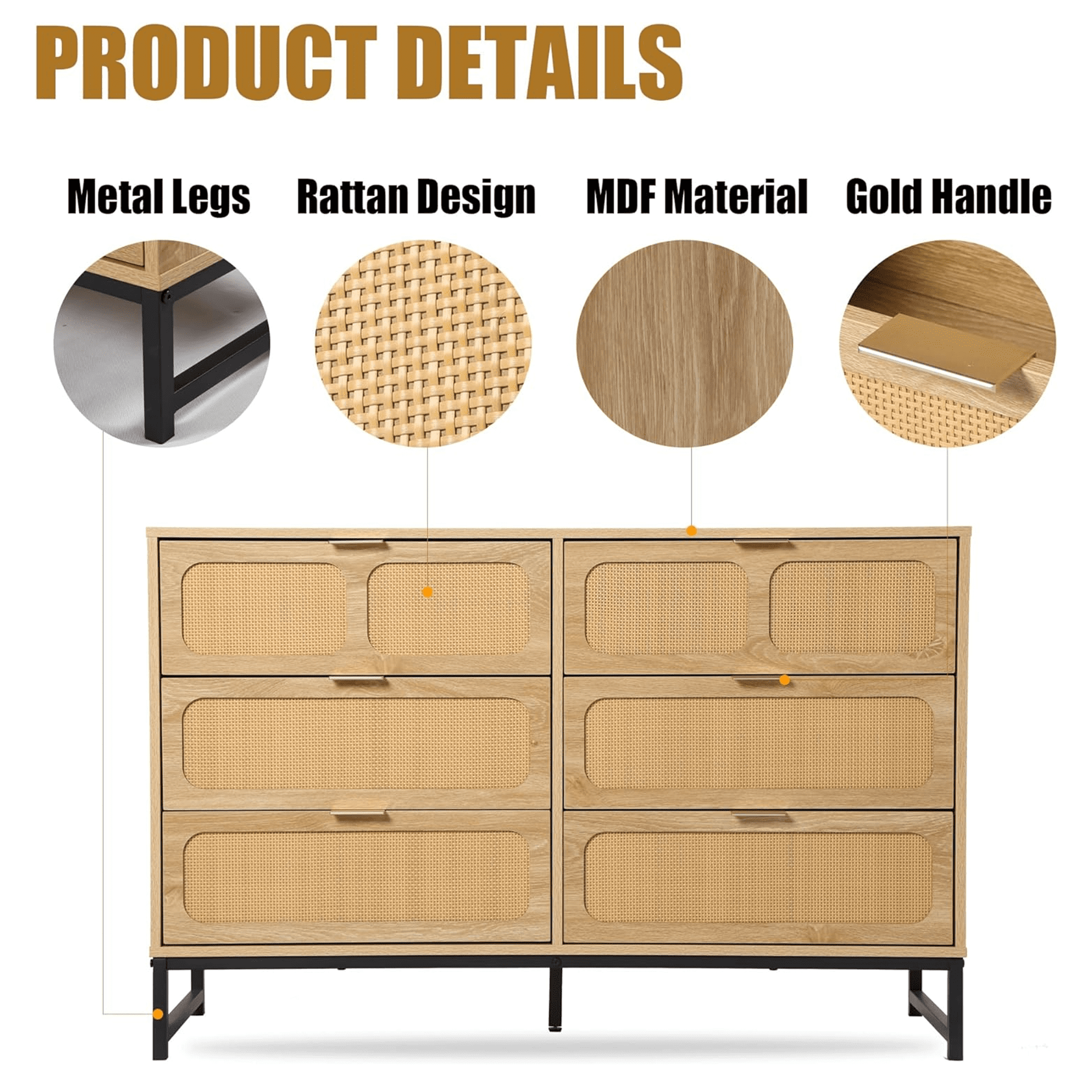 6 Drawer Double Dresser, Rattan Chest of Drawers, Wood Storage Chest for Bedroom Living Room