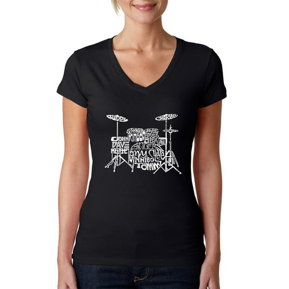 LA Pop Art Women's Word Art V-Neck T-Shirt - Drums