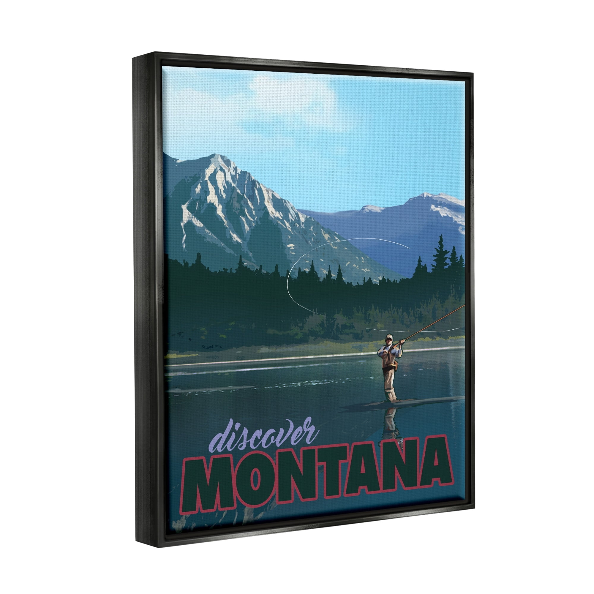Stupell Industries Montana Travel Fly Fishing Lake Mountains Landscape Graphic Art Jet Black Floating Framed Canvas Print Wall Art, Design by David Owens Illustration