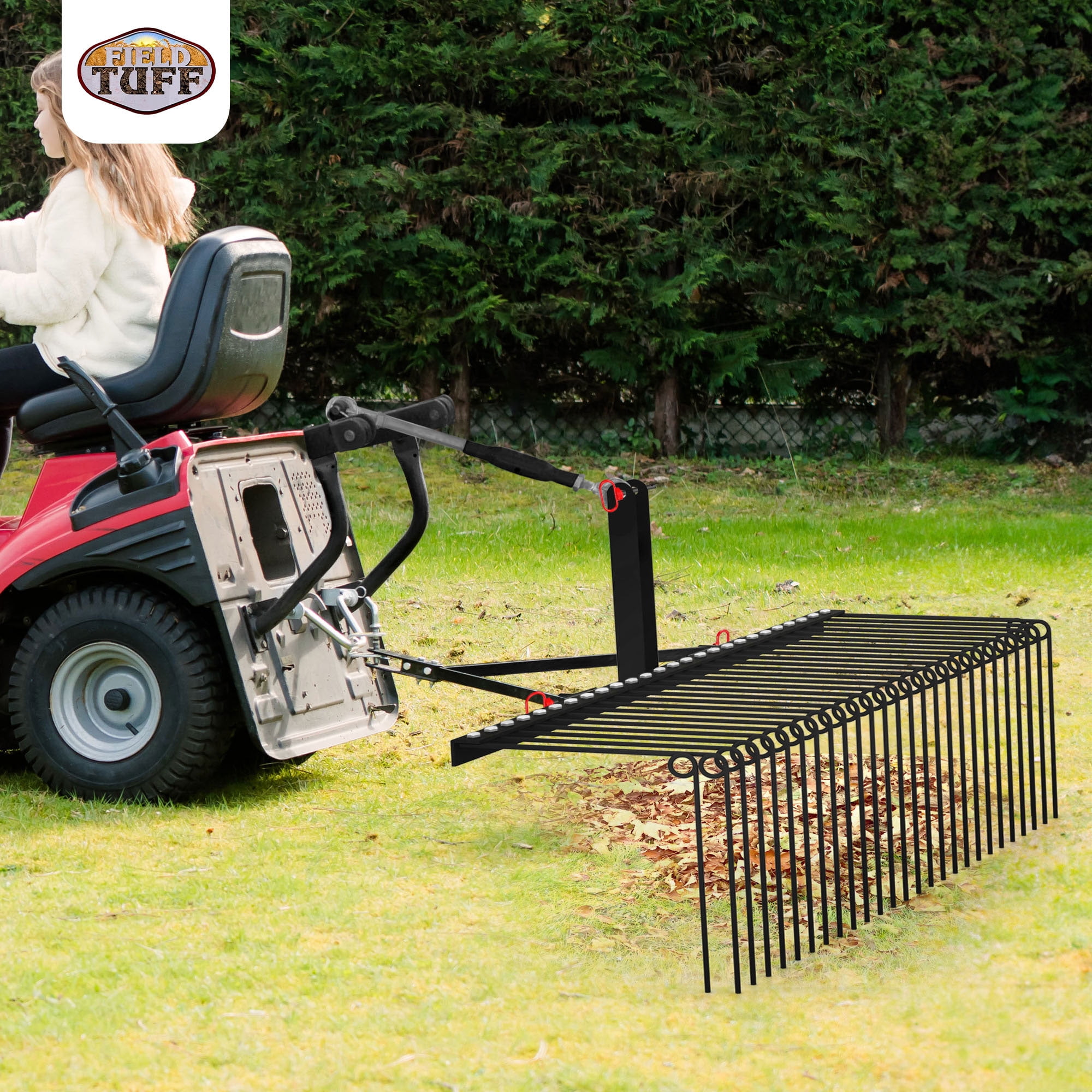 Field Tuff 3 Point 72 Inch Durable Powder Coated Steel Pine Straw Rake Black