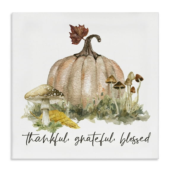 Stupell Industries Thankful Pumpkin & Mushrooms Botanical & Floral Painting Gallery Wrapped Canvas Art Prints Wall Art, 17 x 17