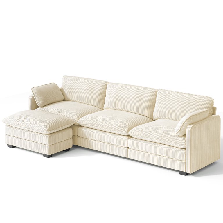 Amada 80" L-Shape Sectional Sofa With Chaise - Corduroy Cloud Couch, Deep Seats & Ottoman, No Assembly Required