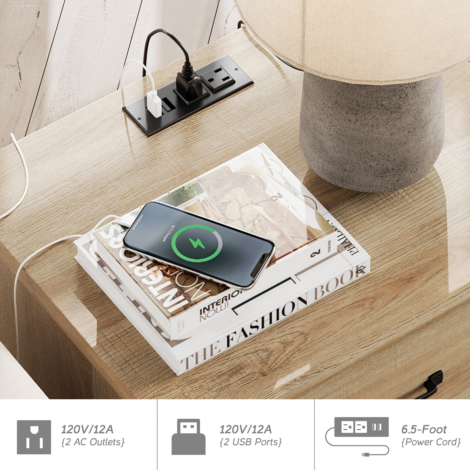 Nightstand with Charging Station, Farmhouse End Table with 2 Drawers & Wood Legs for Bedroom, Light Rustic Oak
