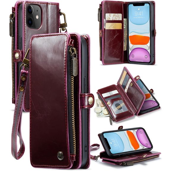 For iPhone 11 Wallet Case, iPhone 11 Case Wallet for Women and Men, Luxury Vintage PU Leather Magnetic Flip Closure Wrist Strap Zipper Card Holder Phone Cases for iPhone 11, Wine Red