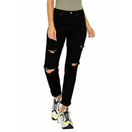 WAX JEAN Women s Boyfriend Jeans with Destructed Blown Knee and Rolled Cuff Black 0