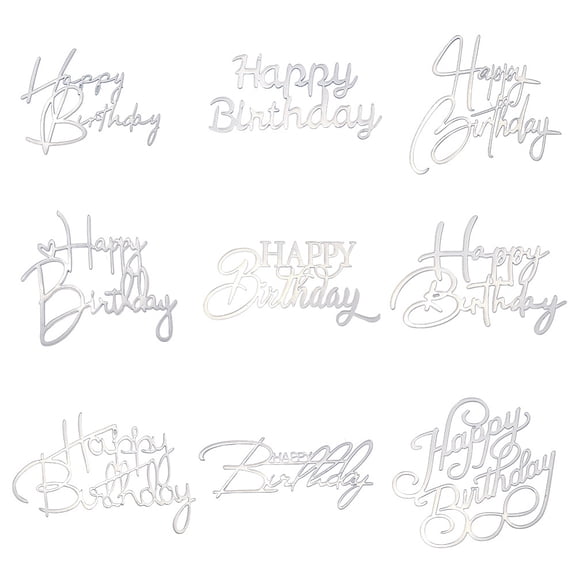 1 Box 9 Styles 18Pcs Silver Mirror Acrylic Cake Topper Happy Birthday Cupcake Toppers Bulk Plastic Shiny Double Sided Non Edible Cakes Decorations