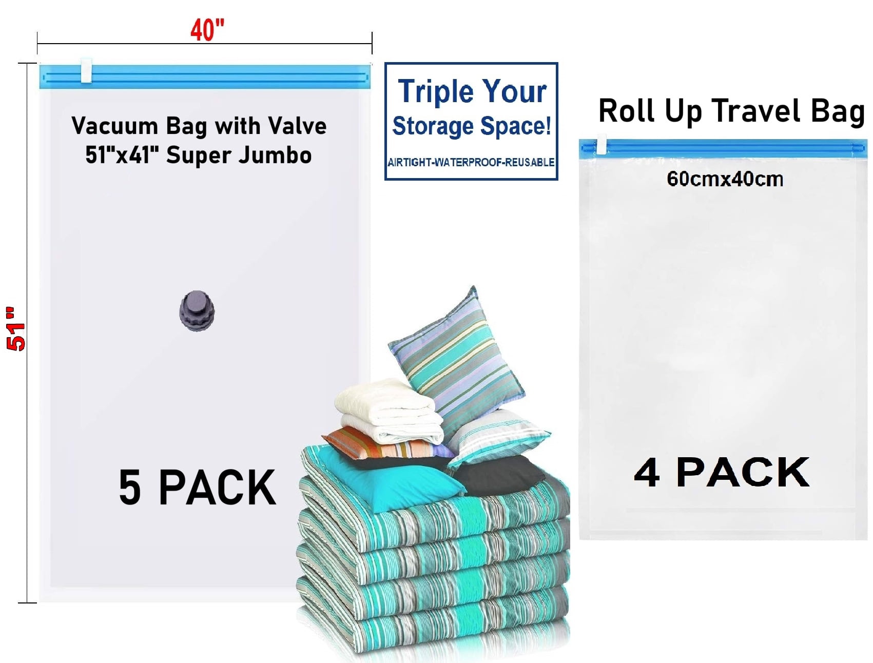 QQbed 9 Pack Vacuum Storage Bags, 5 Super Jumbo Large + 4 Travel Space Saver to Organize Clothes