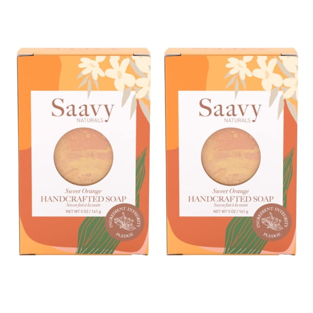 Saavy Naturals Paquete de 2 naranja dulce 5 oz x 2 barras de jabón corporal hechas a mano hidratante para mujeres fórmula vegana orgánica espuma cremosa sin residuos - 5 oz