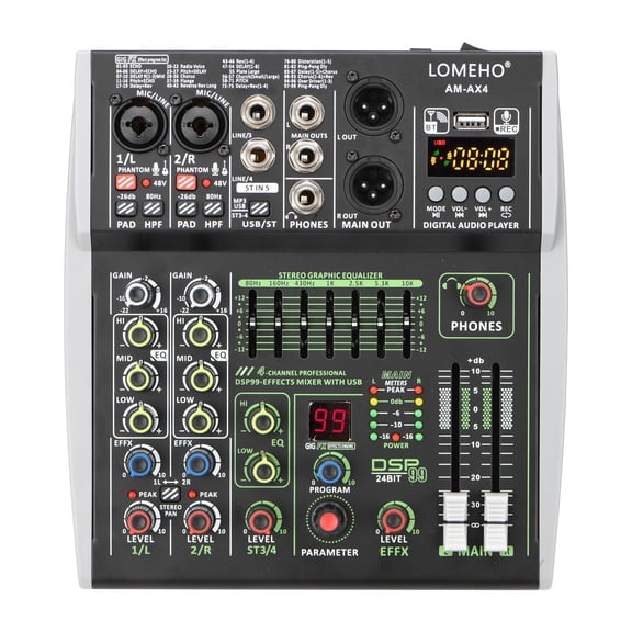 4 Channels Mini Sound Mixer 7 Band EQ 99 DSP Effects Mixing Console 48V Bluetooth USB PC Play Record AM-AX4 ,Easy to Operate