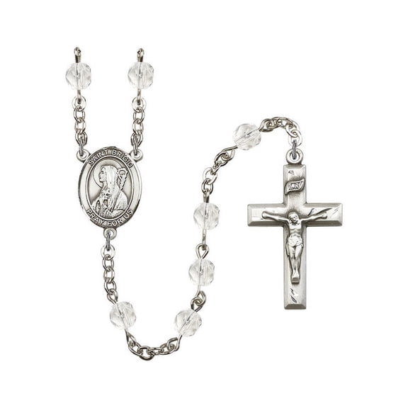 St. Brigid of Ireland Silver-Plated Rosary 6mm April Crystal Fire Polished Beads Crucifix Size 1 3/8 x 3/4 medal charm