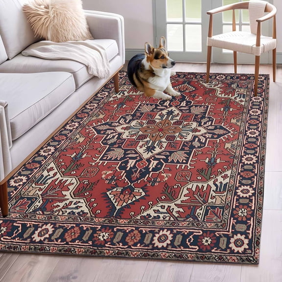 Red Boho Area Rugs 3'x5', Washable Small Throw Rugs for Living Room Bedroom, Southwest Aztec Ethnic Abstract Patterned Indoor Outdoor Rug Non-Slip Low Pile Carpet Runner Reversible Floor Mats