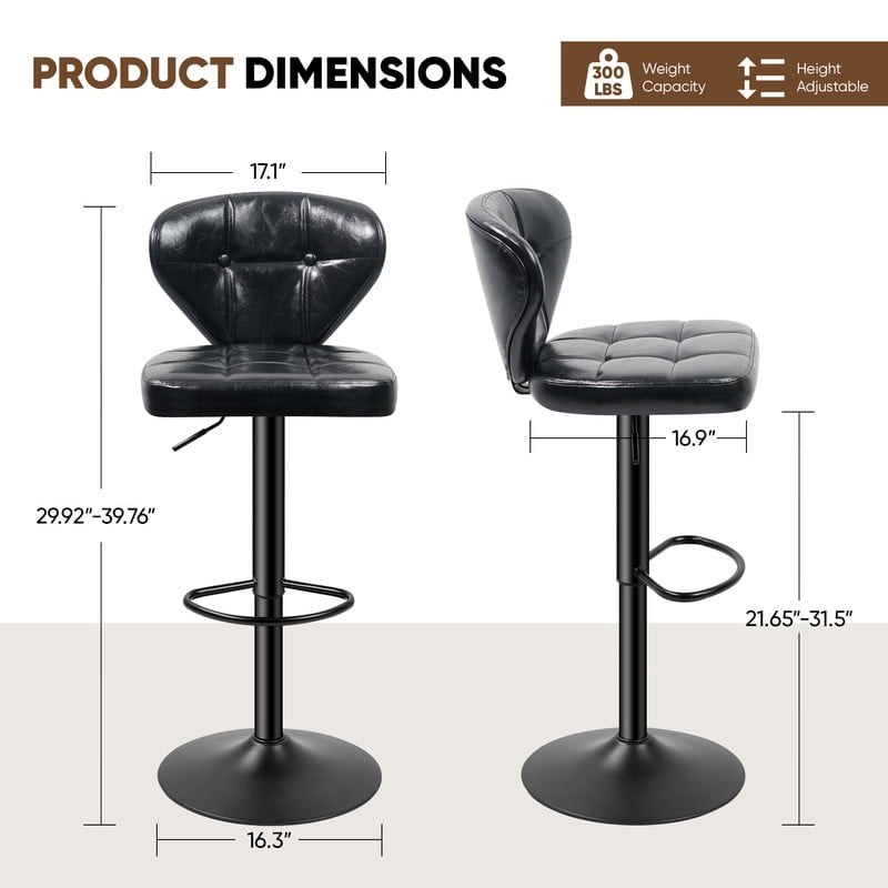 Daluvenix Bar Stools with Back Sets of 2 ,Modern Barstools Adjustable Faux Leather Upholstered Swivel Bar Stools, Counter Height Bar Chairs with Back for Kitchen Island, Black