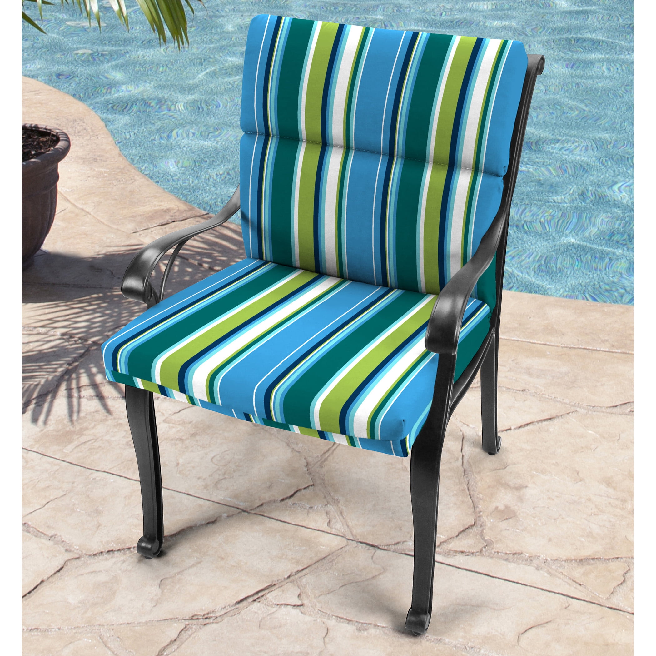 Jordan Manufacturing 44" x 22" Covert Capri Blue Stripe Rectangular Outdoor Chair Cushion with Ties and Hanger Loop