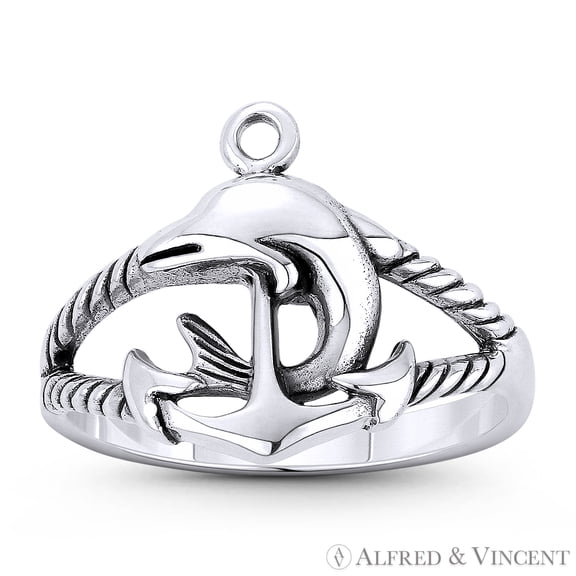 Dolphin on Anchor Mariner's / Salor's Luck Charm Stackable Ring in Oxidized .925 Sterling Silver