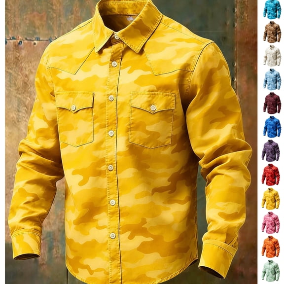 LEKWK Long Sleeve Work Shirts for Men Regular Fit Western Shirts Double Pocket Button Down Shirts Long Sleeve Camouflage Outdoor Hiking Shirt