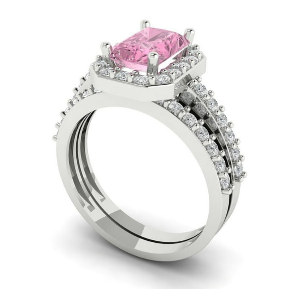 2.22 ct Brilliant Emerald Cut Pink Zircon 14k White Gold Halo Solitaire with Accents Engagement Bridal Wedding Ring Band Set size 6.25