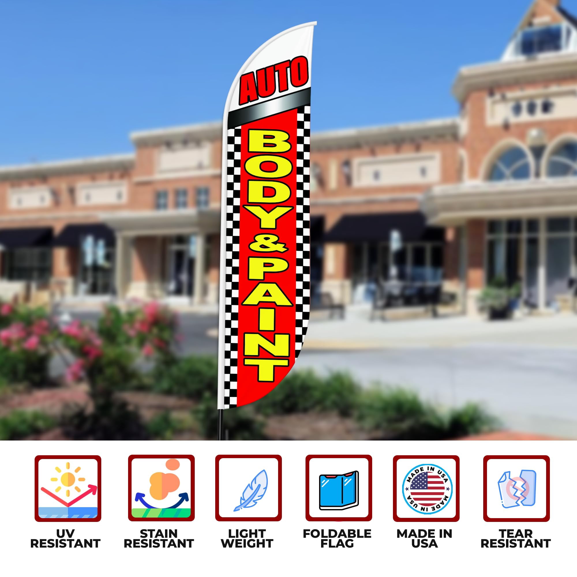 Auto Body Paint Sign feather flag for Outdoor by Mavis Printing | 11.5 FEET Long Polyester Outdoor Banner Flag for Easy Hang | HD Print Swooper I Flag Only to Advertise Car BusinessI Flag Only