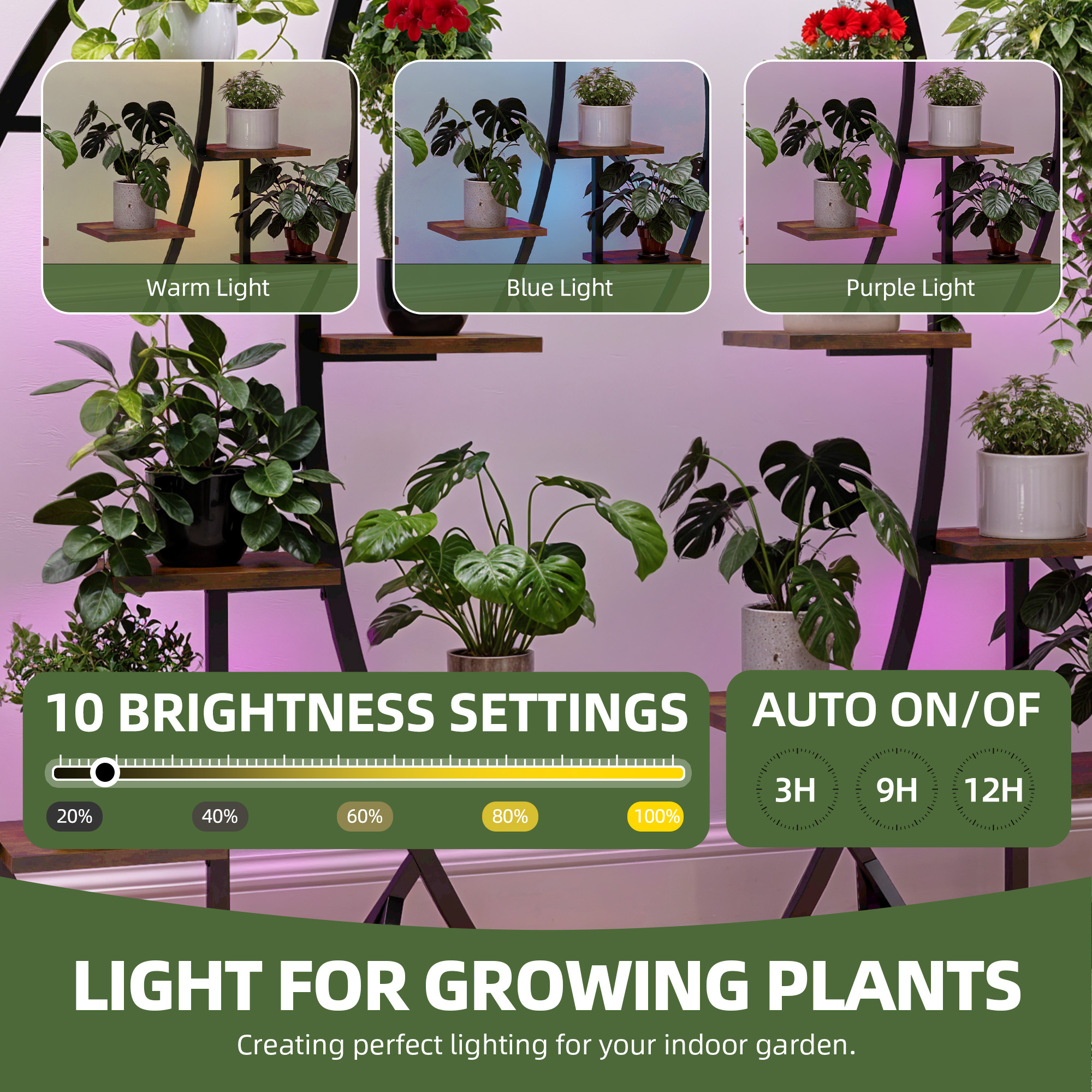 Uforic 63" Plant Stands Indoors with Grow Lights, Half Moon Metal Storge Shelf,Multiple Pots Metal Flower Stands