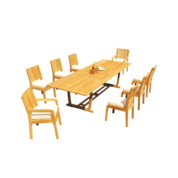 Grade-A Teak Dining Set: 8 Seater 9 Pc: 118" Mas Rectangle Trestle Leg Table And 8 Maldives Chairs (2 Arm & 6 Armless Chairs) WholesaleTeak #51ML2509
