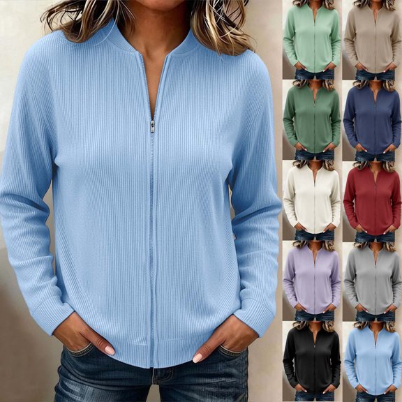 VBVC Women's Ribbed Full Zip Mock Neck Cardigan , Ladies' Slim Fit Long Sleeve Top , Casual Lightweight Jacket For Women, Blue , S-5XL