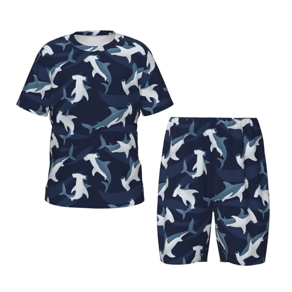 Xecao Cute Shark Pattern Short-Sleeved Pajama Set for Kids Soft Cotton-Like Sleepwear with Elastic Waistband and Side Pockets for Boys and Girls-XX-Large