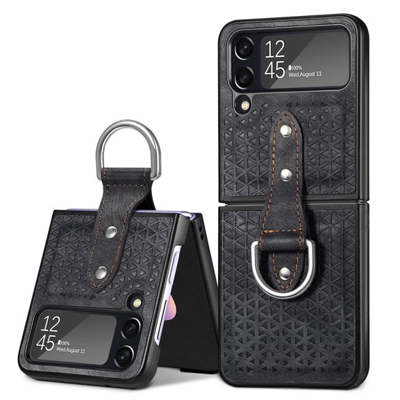 SaniMore for Samsung Galaxy Z Flip 4 Folding Case with Anti-Slip Strap, Rugged PC Case for Samsung Z Flip 4 Cover with Wireless Charging & Ring Lanyard Full Body Protective Case, Black
