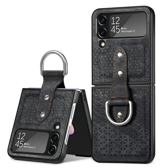 SaniMore for Samsung Galaxy Z Flip 4 Folding Case with Anti-Slip Strap, Rugged PC Case for Samsung Z Flip 4 Cover with Wireless Charging & Ring Lanyard Full Body Protective Case, Black