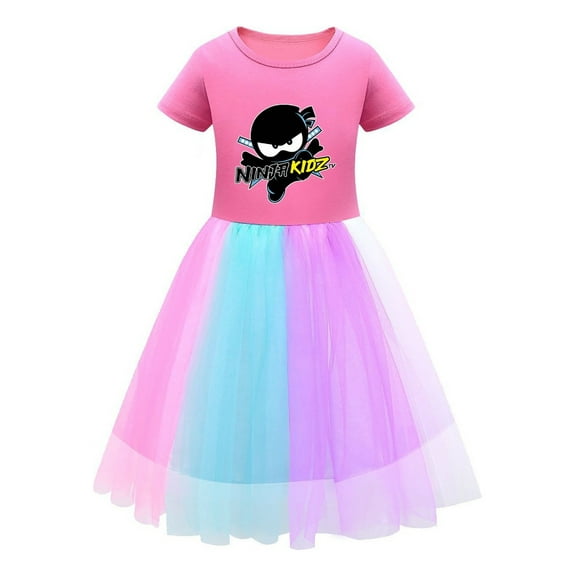 Rainbow Ninja Kidz Girls Dress – Tulle Skirt and Cartoon Graphic Tee – Cute Party Outfit for Kids Who Love Fun Characters and Bright Colors