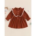 thumbnail image 4 of Elippeo Little Girl Autumn Corduroy Dress Mock Neck Ruffled Long Sleeve Bow Decor A-Line Dress 12 18 24 Months 3 4 5 Years, 4 of 9