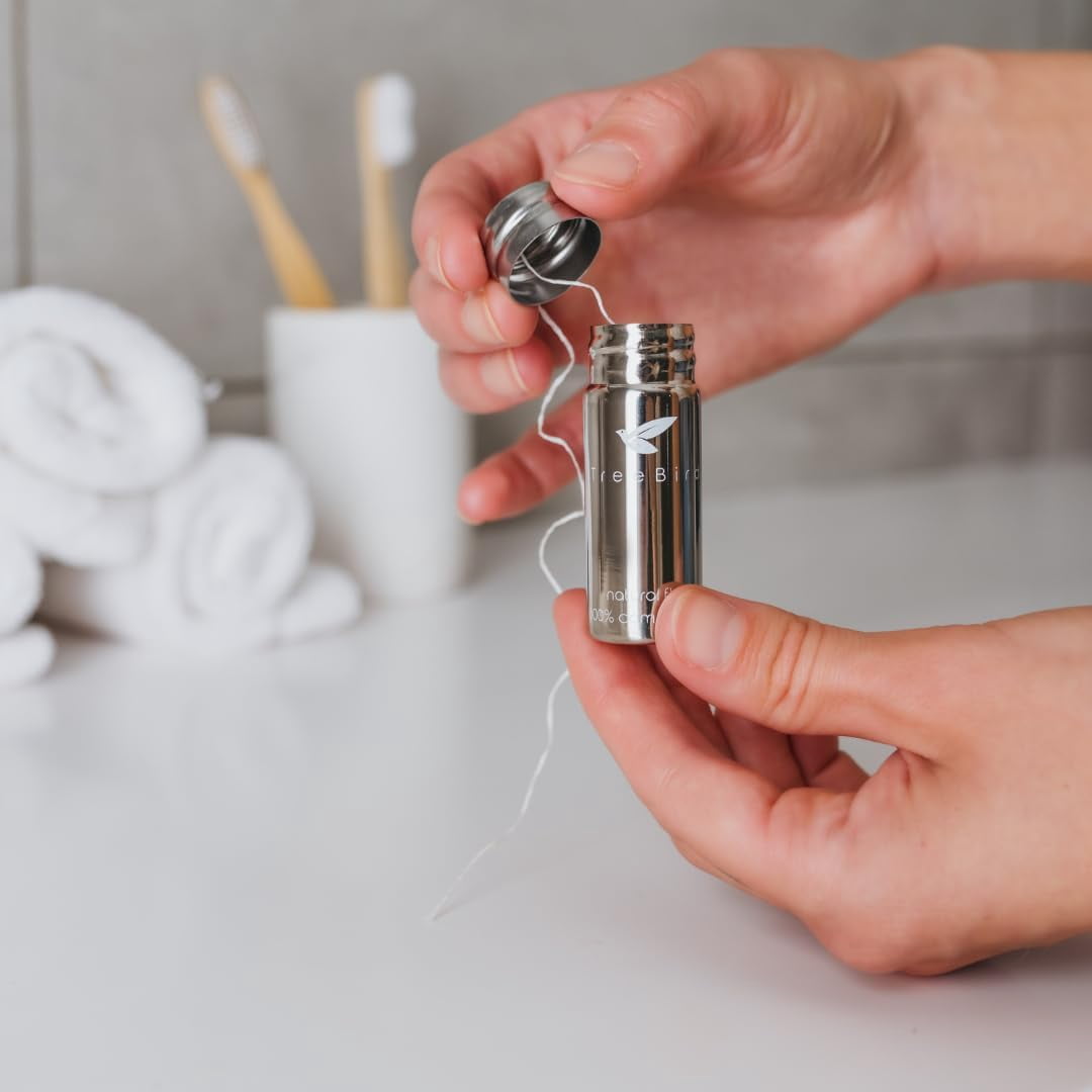 Pure Silk Eco Floss Kit - Refillable Dispenser (Stainless Steel) + 3×33 yd Refills | Waxed with Candelilla Wax Mint