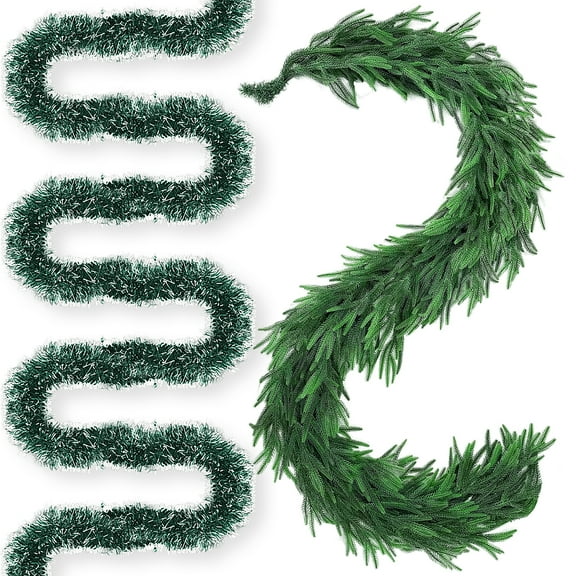 Remiawy Christmas Norfolk Pine Garland 6 Ft with Tinsel, Realistic Artificial Greenery Garland for Mantel, Fireplace, Stair Railings, Doorways, Outdoor Indoor Xmas Holiday Decorations