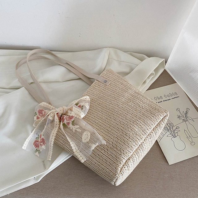 Bolsa de hombro con cinta de encaje tejido retro para mujer de mano informales (Beige) Ehuebsd Para Estrenar