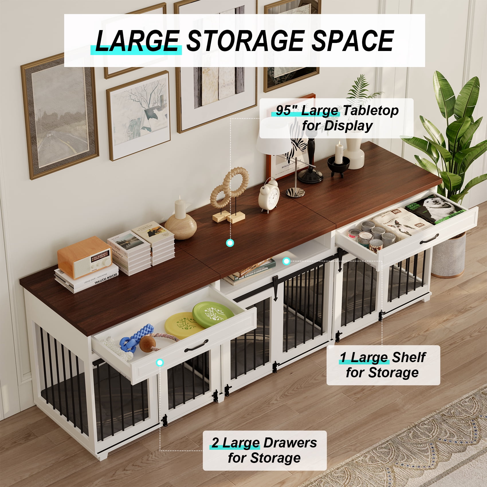 Dog Crate Furniture - Indoor Wooden Farmhouse Large Dog Kennel Fureniture for 3 Dogs, with Sliding Barn Doors, 2 Drawers & 1 Shelf, 95" Lx23.6 Wx31.5 H, White