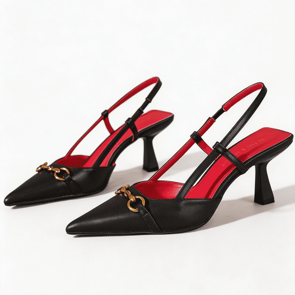On feet& in love Women's Pointed Toe Slingback Heels with Metallic Horsebit Buckle - Smooth Black PU Dress Shoes for Work & Event - Size 5.5