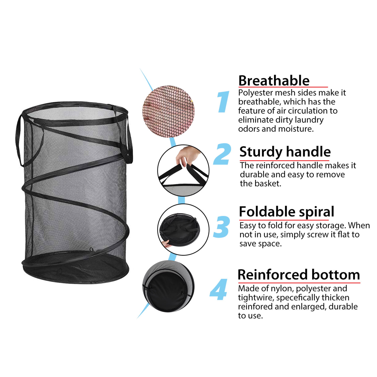 Collapsible Laundry Basket Foldable Mesh Pop Up Hamper with Durable Handles  for Nursery College Dorm or Travel