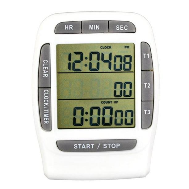 Reloj despertador digital con temporizador electrónico de 3 canales en sentido horario y antihorario gris