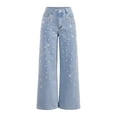 thumbnail image 5 of LWavelet Women High Waisted Wide Leg Jeans Sparkle Rhinestone Embellished Denim Pants Glitter Party Wide Leg Trousers Light Blue M, 5 of 5